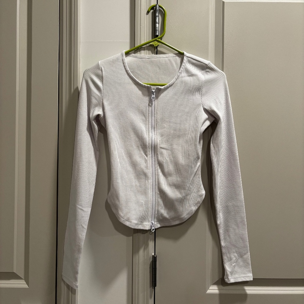 ALO Yoga White Ribbed Zip-Front Jacket